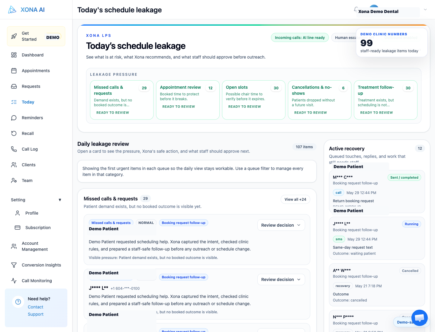 Xona Today workspace showing staff-ready leakage work streams, review items, and demo-safe patient rows