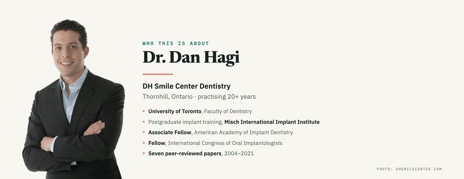 Dr. Dan Hagi, DH Smile Center Dentistry, Thornhill Ontario — University of Toronto Faculty of Dentistry, postgraduate implant training at the Misch International Implant Institute, Associate Fellow of the American Academy of Implant Dentistry, Fellow of the International Congress of Oral Implantologists, seven peer-reviewed papers 2004–2021.