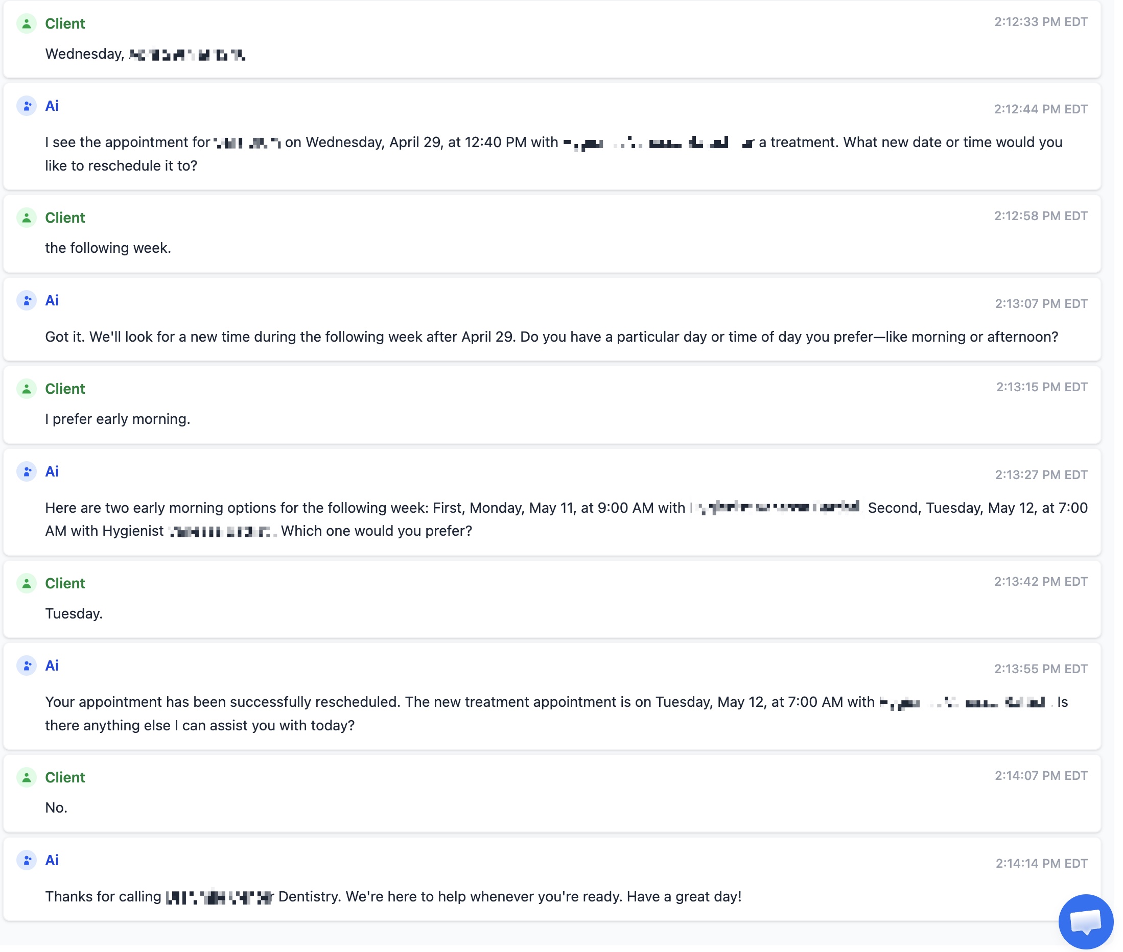 Reschedule transcript: patient asks to reschedule, the AI looks up their existing Apr 29 appointment, asks for preferred day and time of day, offers two early-morning options, the patient picks Tuesday, and the AI confirms the new appointment for May 12 at 7 AM and writes it back into the practice's dental software