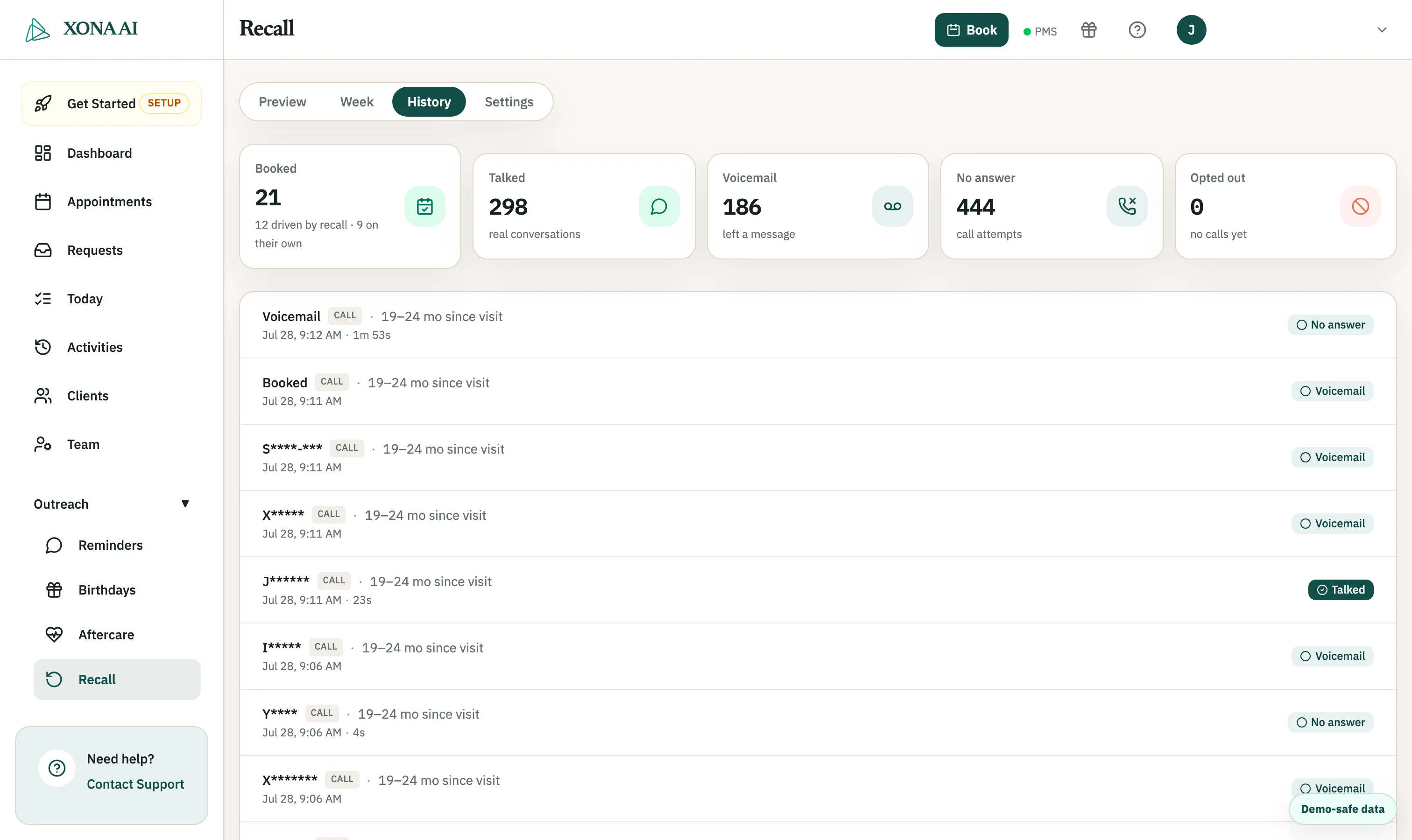 Demo-safe Xona Recall history showing booked, talked, voicemail, no-answer, and opted-out outcomes with masked patient rows
